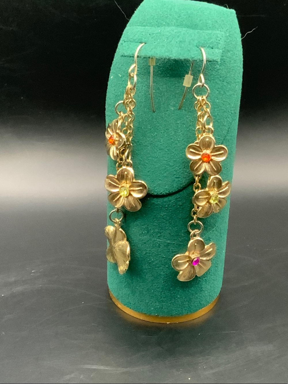 Gold Floral Dangle Earrings with Colored Accents